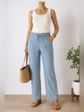Vantarsi Light Wash Tencel Drawstring Pants Size Large Blue